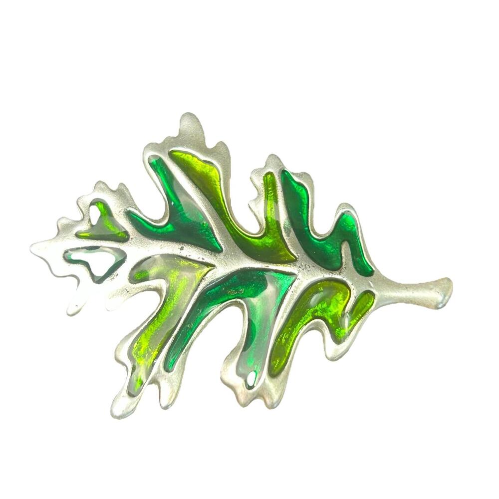 Vintage Green Enamel Oak Leaf Brooch Pin Silver Tone Nature Jewelry